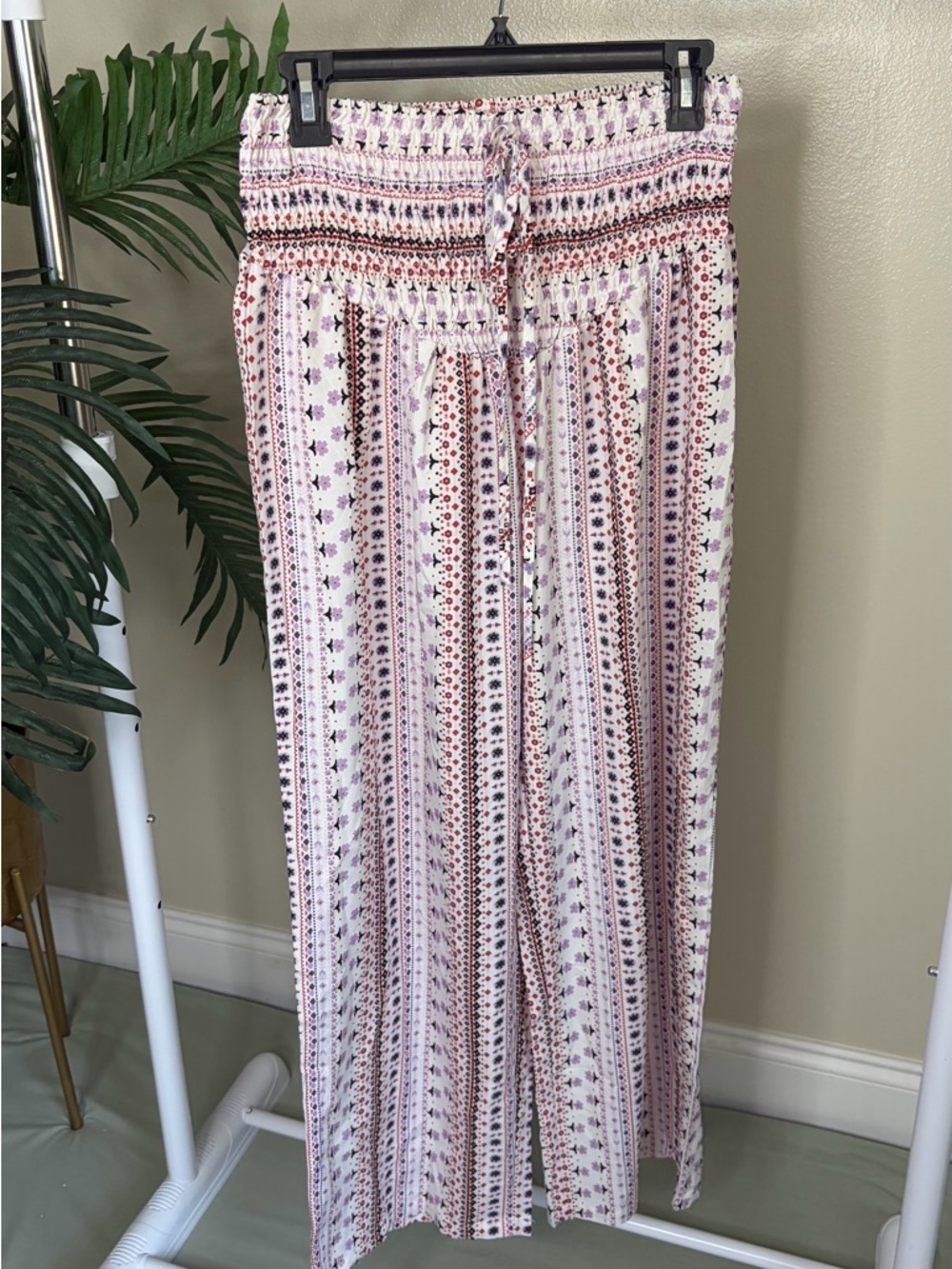 Boho Wide Leg Pants L Floral Print Elastic Waist Lounge Beach Resort Large